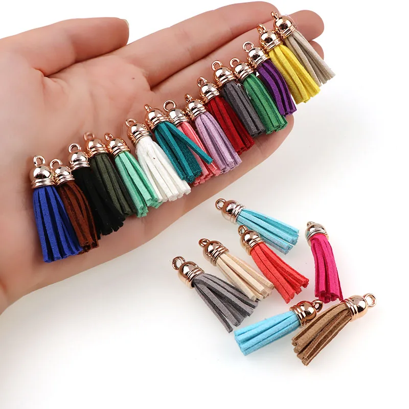 

New 10pcs 3cm Vintage Gold Color Cap Suede Leather Tassel For Keychain Straps Jewelry Fiber Fringe DIY Pendant Charms Findings