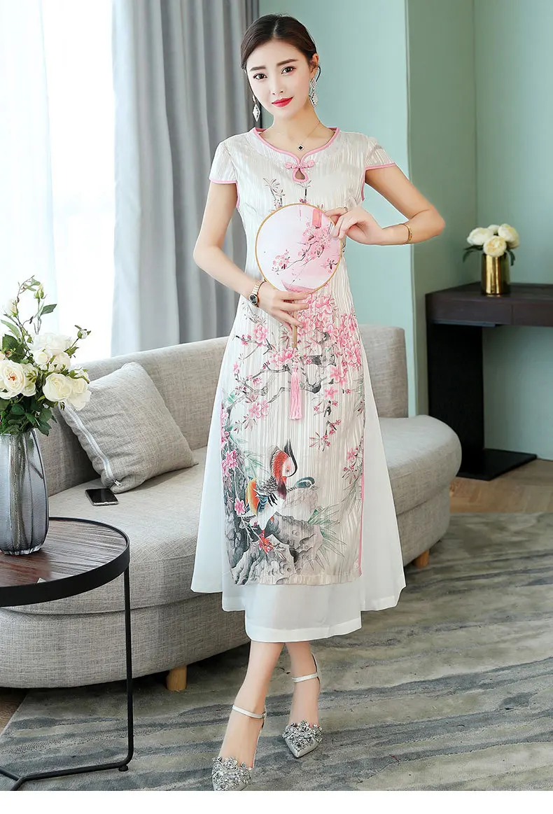 Женский белый Принт aodai вьетнамская традиционная одежда ao dai вьетнамское платье вьетнамские костюмы улучшенное платье чонсам