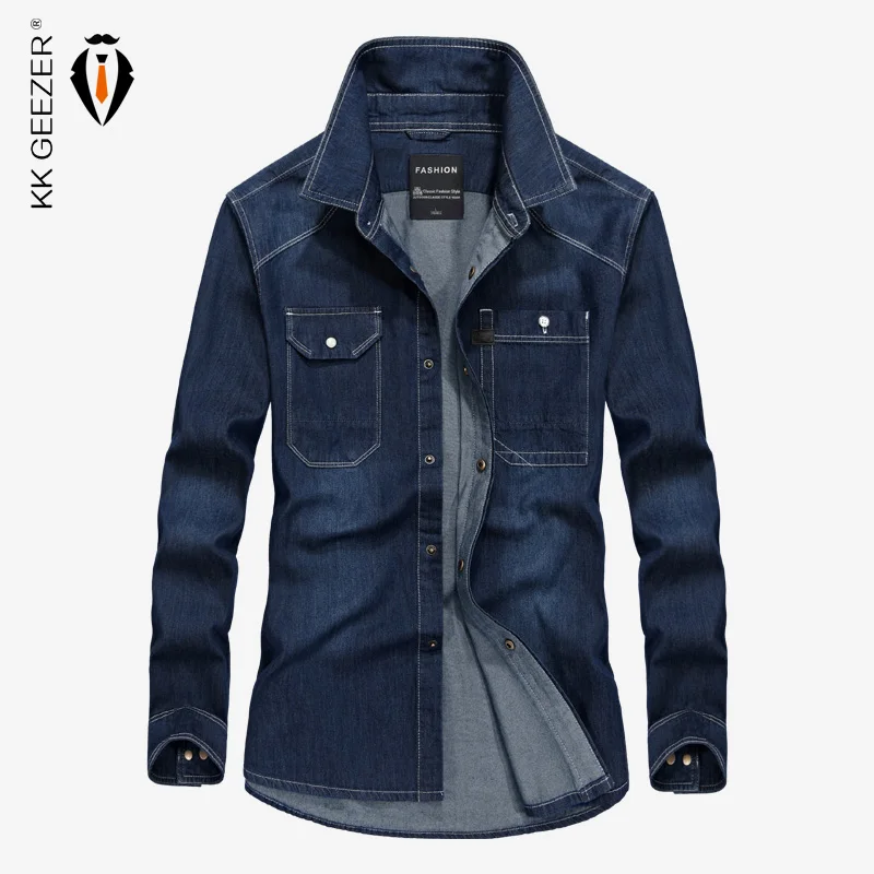 Осенняя мужская джинсовая рубашка джинсовые рубашки 4XL Slim Fit с длинным рукавом