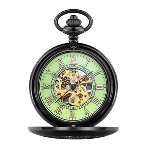 Карманные часы ORKINA, светящиеся, под старину, для мужчин и женщин, с черным чехлом, механические часы-скелетоны крышка с гравировкой с ночным светильник щением