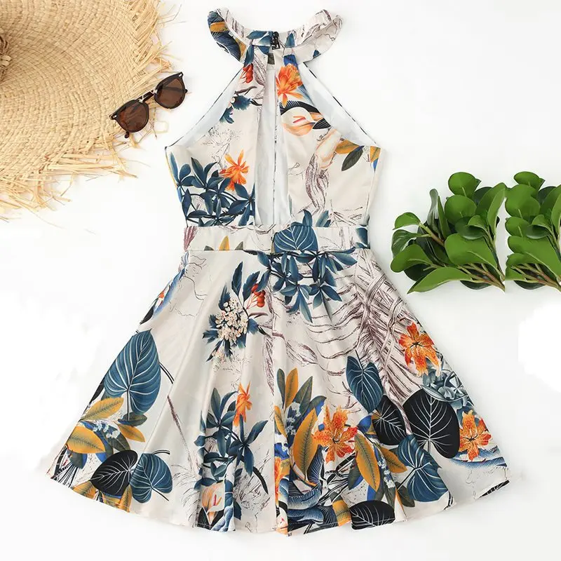 Короткое платье с цветочным принтом для девушек в стиле бохо с галтерной линией и без рукавов, спинка открыта, ретро-стиль, линия А, летние пляжные платья.