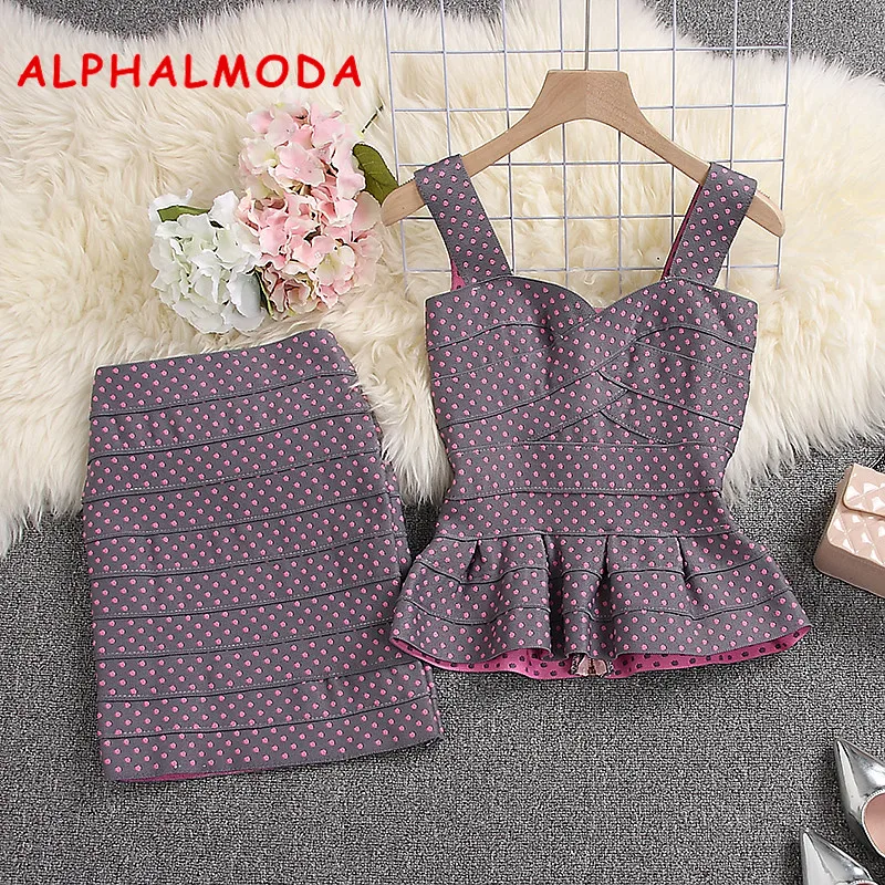 Женский облегающий костюм ALPHALMODA эластичный Топ на бретельках и мини юбка