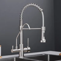 nickel spring pull down kitchen faucet dual spouts 360 swivel handheld shower kitchen mixer crane hot cold 2 outlet spring taps