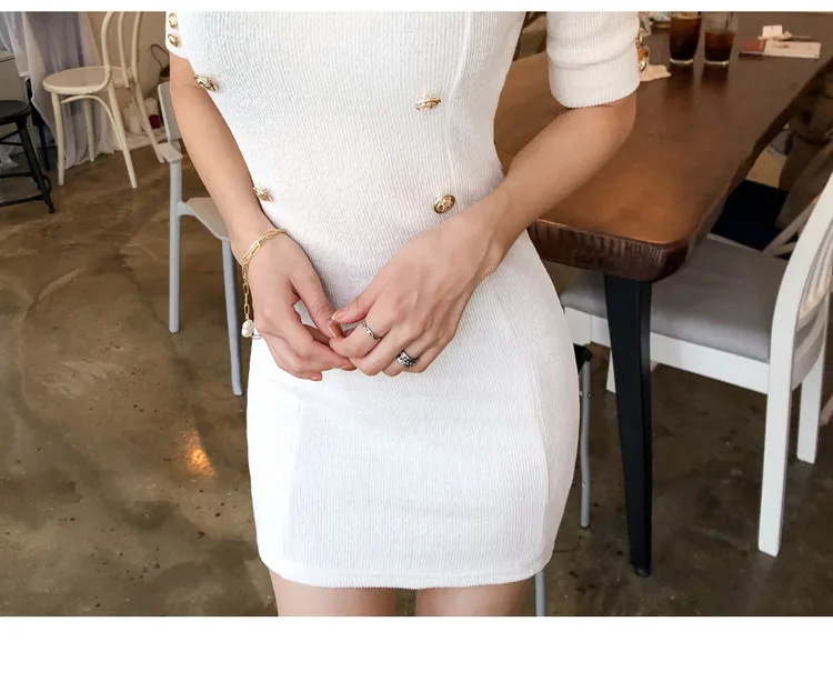 Temperament Lady Dresses Women Spring Design Sexy Bandage Sheath Mini White Knitted Double Button Tunic Sweater Dress 170D