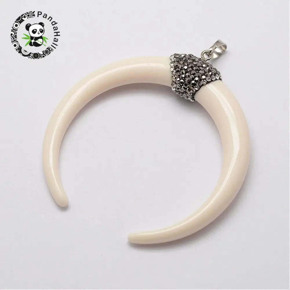 

Imitation Tooth Acrylic Horn Crescent Ivory Pendants with Rhinestone Bail Metal Tone Brass Findings 66x61x12mm, Hole: 4.5x7mm