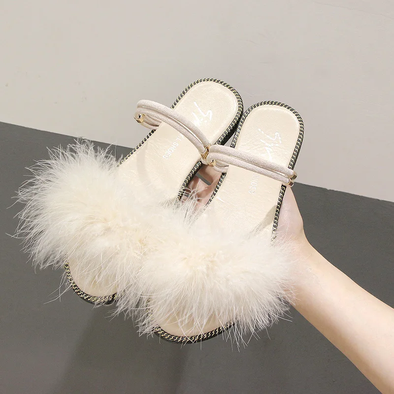 Сандалии женские на плоской подошве меховые шлепанцы открытый носок без