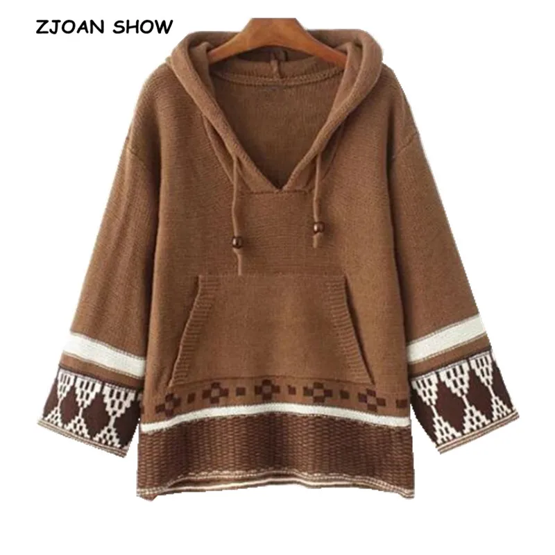 Женские свитера с капюшоном BOHO геометрическим узором длинным рукавом на осень и