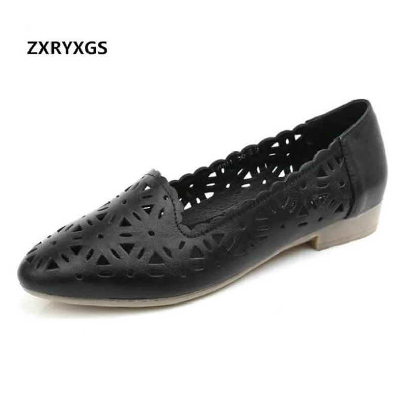 

2021 New Fashion Hollow Cow Leather Shoes Woman Summer Sandals Large Size Comfort Women Flat Shoes Non-slip Soft Women Sandals