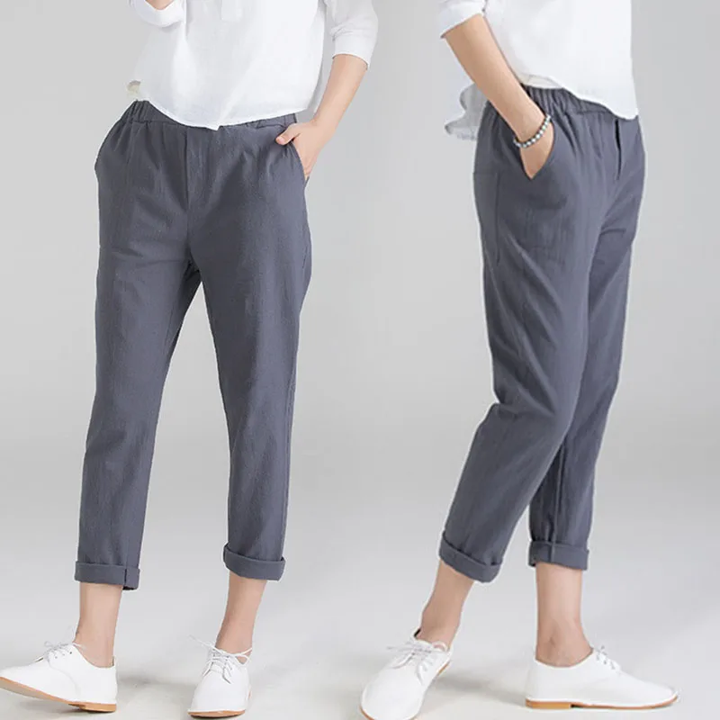 Women's Pants Solid Cotton Linen Loose Slim Casual Harem Pencil Trousers | Женская одежда