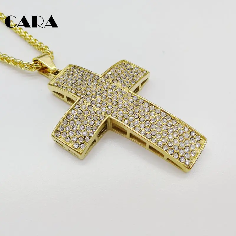 

CARA new Gold color Bling Bling Full rhinestones cross pendant necklace 316L Stainless steel Big cross necklace fashion CARA0490