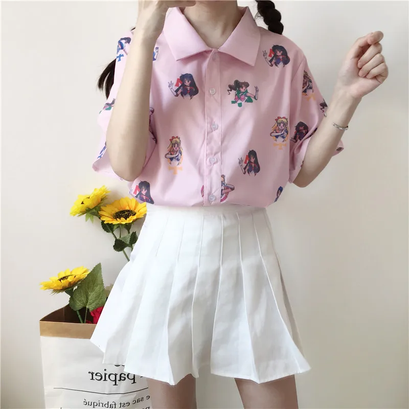 Neploe Сейлор Мун розовые рубашки с коротким рукавом Harajuku Ulzzang Tumblr женская летняя блузка повседневная косплей милый забавный японский Топ