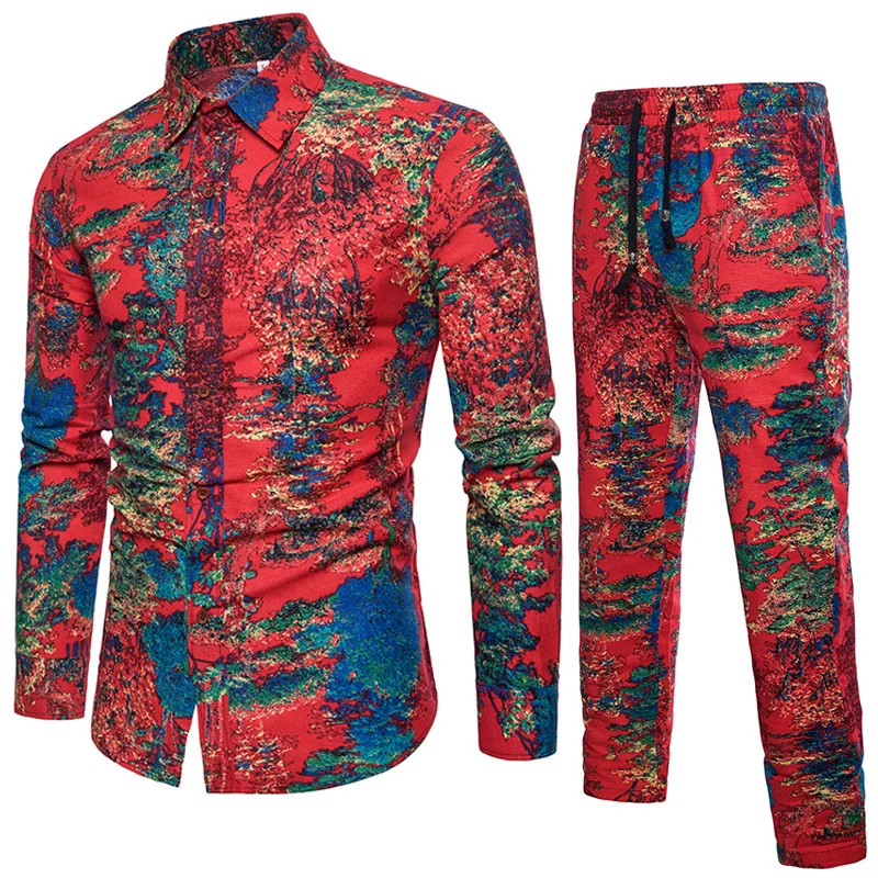 Мужской комплект из рубашки и брюк двух предметов этнические костюмы летняя