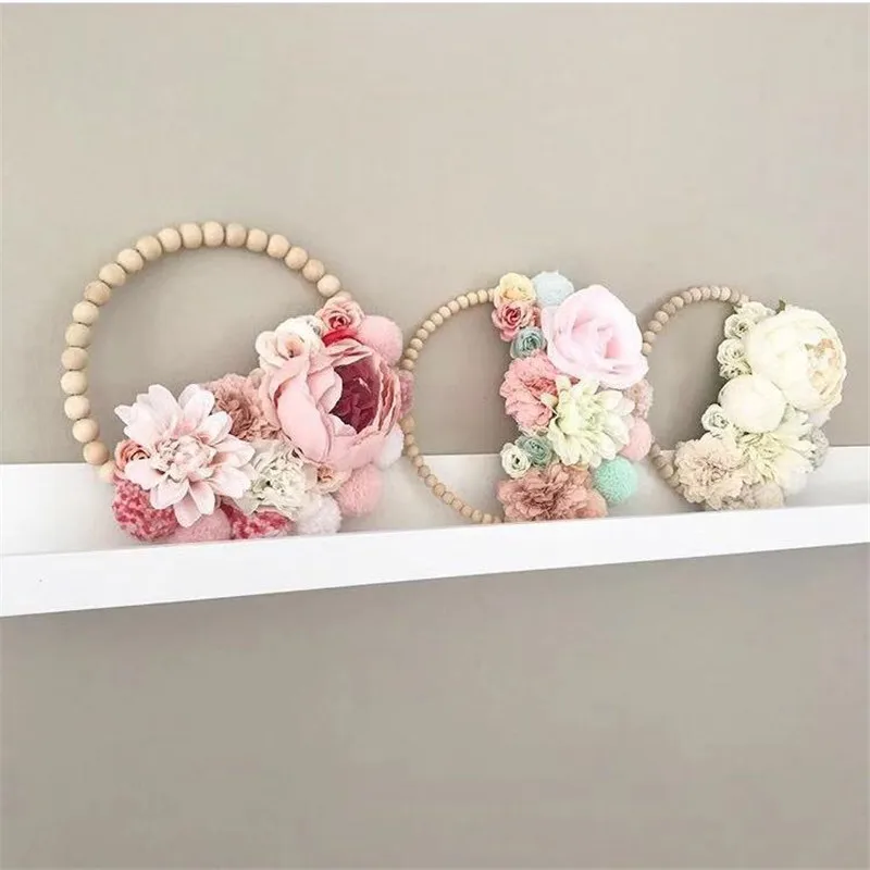 Скандинавский деревянный с меховыми помпонами для кольцо “Цветок” гирлянда