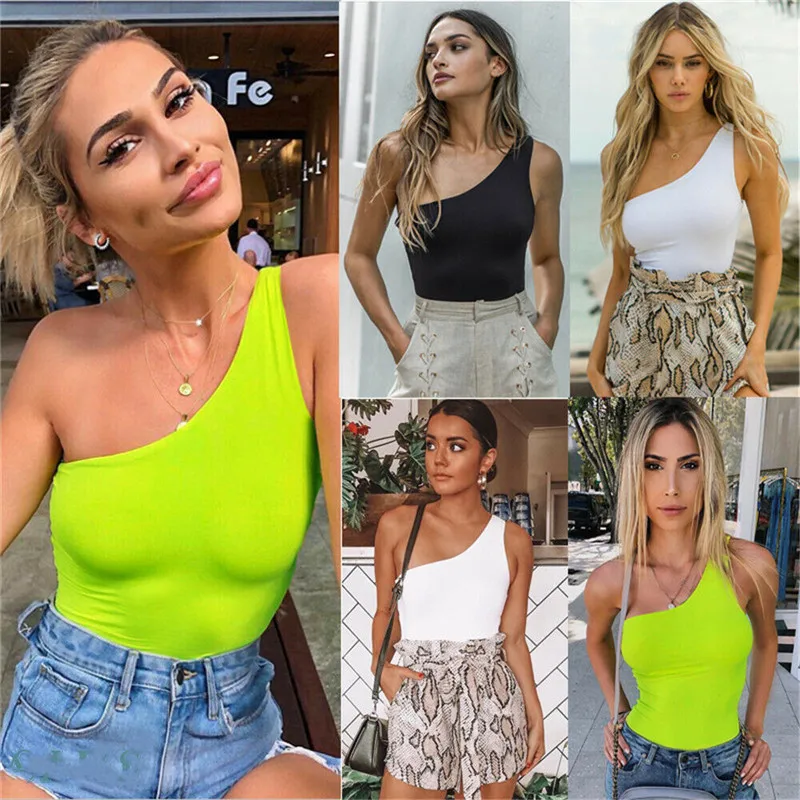

Womens Neon Bodysuit Sexy Romper Summer 2019 One Shoulder Jumpsuit Overalls Party Club Streetwear One Piece Fashion Clothes