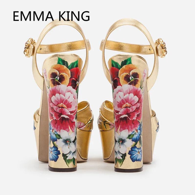 

2019 Fashion Gold Bow-Knot Women's Platform Sandals Peep Toe Sexy Flowers Prints Ladies High Heels Shoes Woman Gladiator Sandals