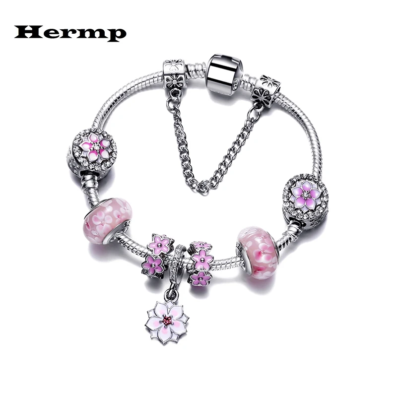Hermp Dropshipping 2019 New Pink Flower Pandent &amp Lovely Bear Pa Bracelet Brand Female Jewelry Pulseras | Украшения и