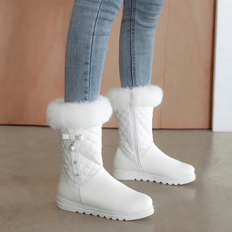 NEW fashion warm Mid-Calf snow boots women round toe soft leather warm Rabbit Fur winter thick fur ladies winter shoes