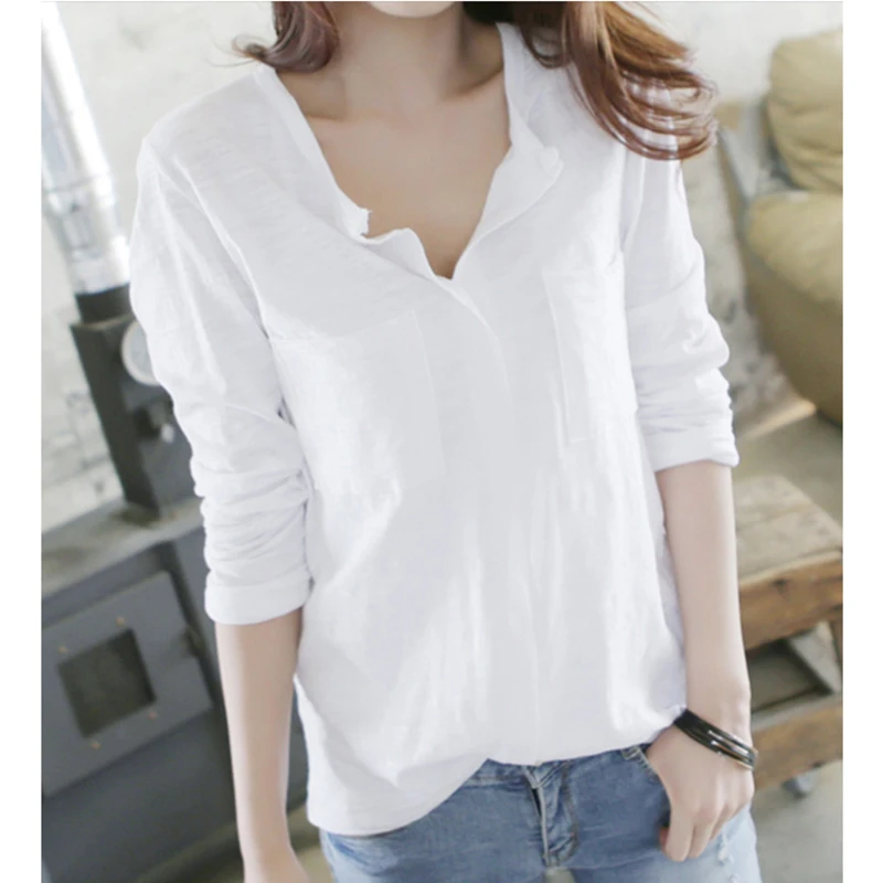 

Белая футболка женская одежда 2019 на весну в Корейском стиле; Верхняя одежда с v-образным вырезом Футболка Повседневная однотонная одежда дл...