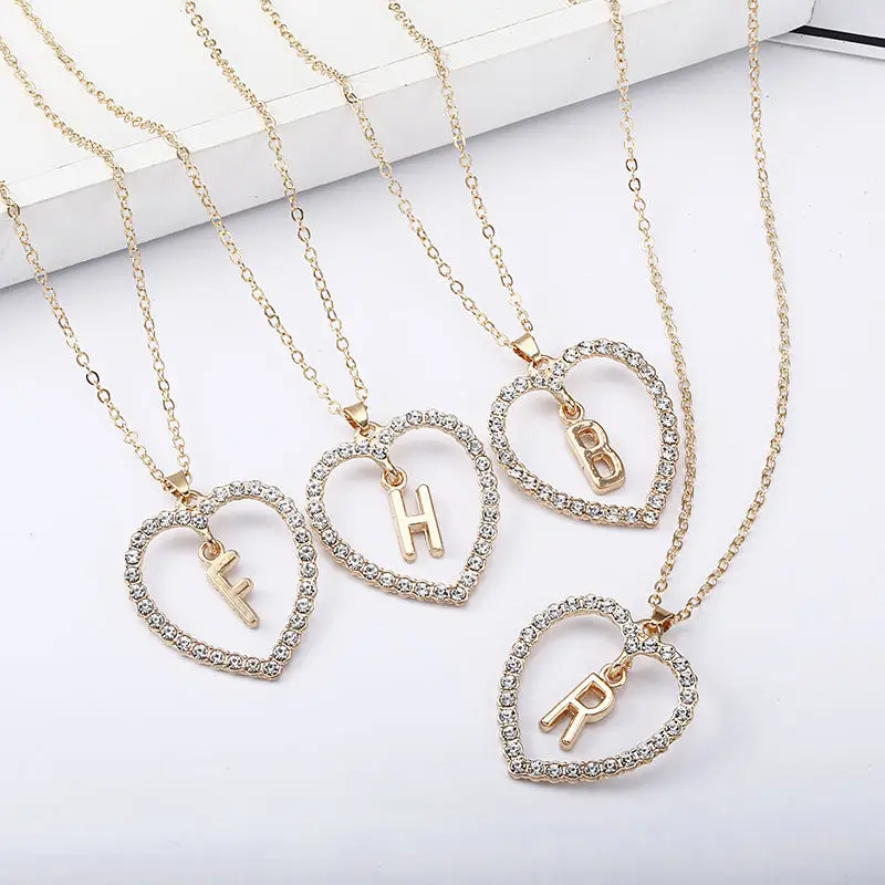 

Cute Fashion Love Heart Pendant Necklaces for Women Crystal Initial Letter Name Long Chain Necklace Charms Collares Jewelry