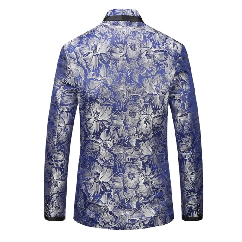 Male Fashion Classic Shawl Blue Floral Pattern Jacquard Blazer Slim Fit Designs Plus Size Singers Costume Jacket With Bow Tie | Мужская