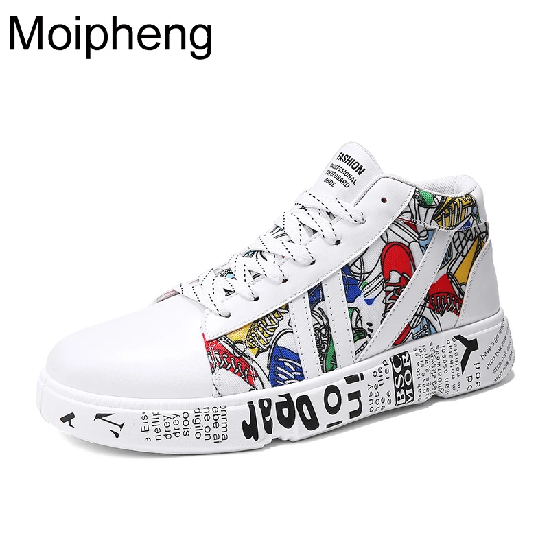 Moipheng New Graffiti Sneakers Autumn Winter High Top Lover Shoes PU Woman Sneakers White Shoes Plus Size Zapatos De Mujer