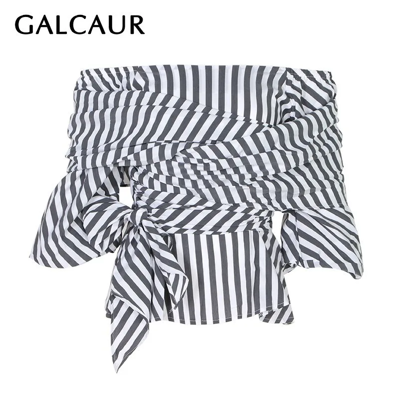 Женская блузка в полоску GALCAUR элегантная облегающая с открытыми плечами вырезом