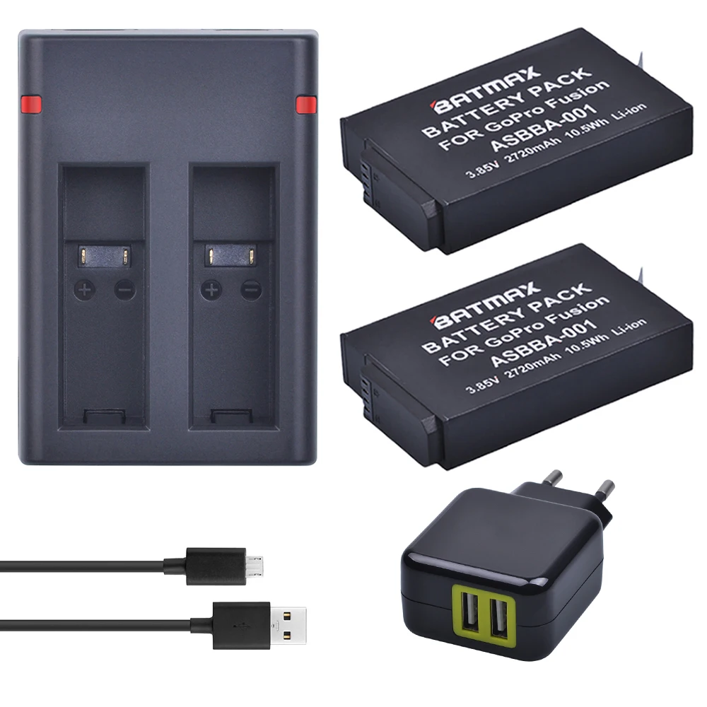 

Аккумулятор Batmax 2720 мА · ч, 2 шт., для GoPro ASBBA-001, двойное зарядное устройство USB, для камеры Gopro Fusion на 360 градусов, адаптер переменного тока для ЕС/США