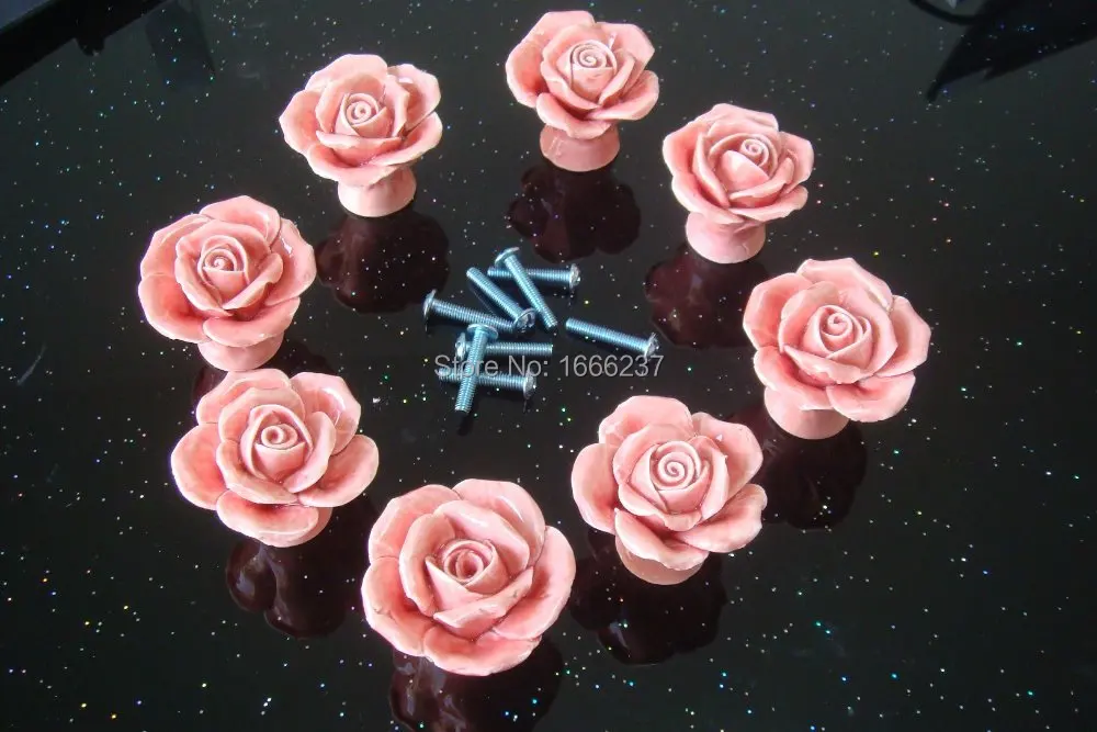 Декоративная розовая керамическая ручка для двери, шкафа или ящика в стиле винтаж - HD017.