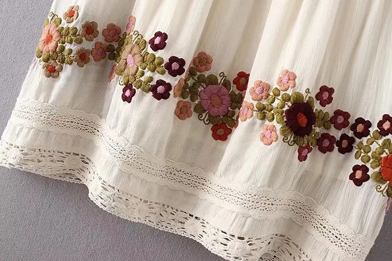 Дениска Модные Бежевые платье Для женщин Boho Богемия Цветочные Вышивка Кружево