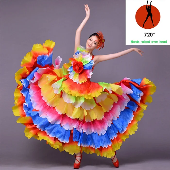720 degree Танцевальный Костюм с испанскими цветами; платье для фламенко; платье для выступлений; Женская юбка с лепестками цветов; DL2886 - Цвет: 720 degree