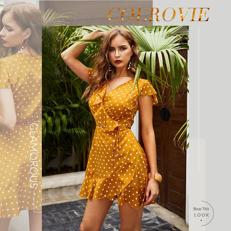 COLROVIE Ginger платье в горошек с v-образным вырезом и рюшами, женская одежда, летнее корейское платье с рукавом-бабочкой для отдыха
