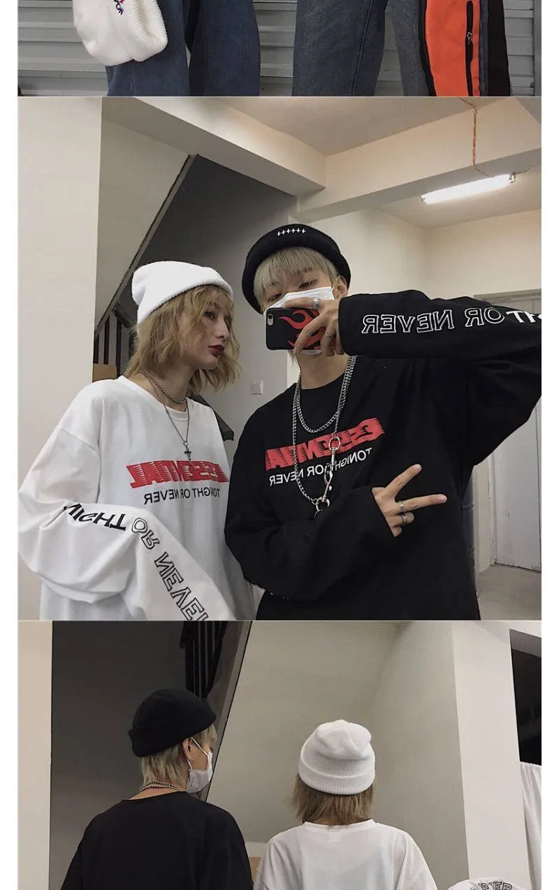 Harajuku футболка уличная Мужская Женская парная футболка с длинным рукавом забавные повседневные топы, весенне-осенняя футболка с буквенным принтом для мальчиков