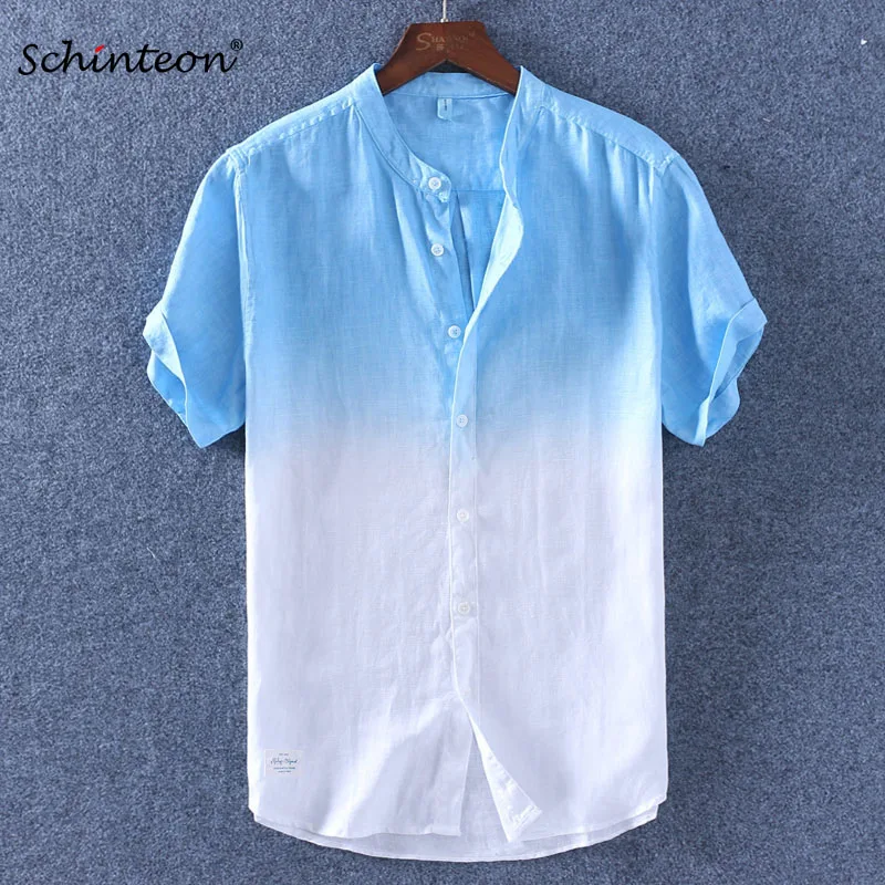 

Schinteon Gradient Men Short Sleeves Shirt Summer Cotton Linen Slim Stand Collar Comfortable Shirts