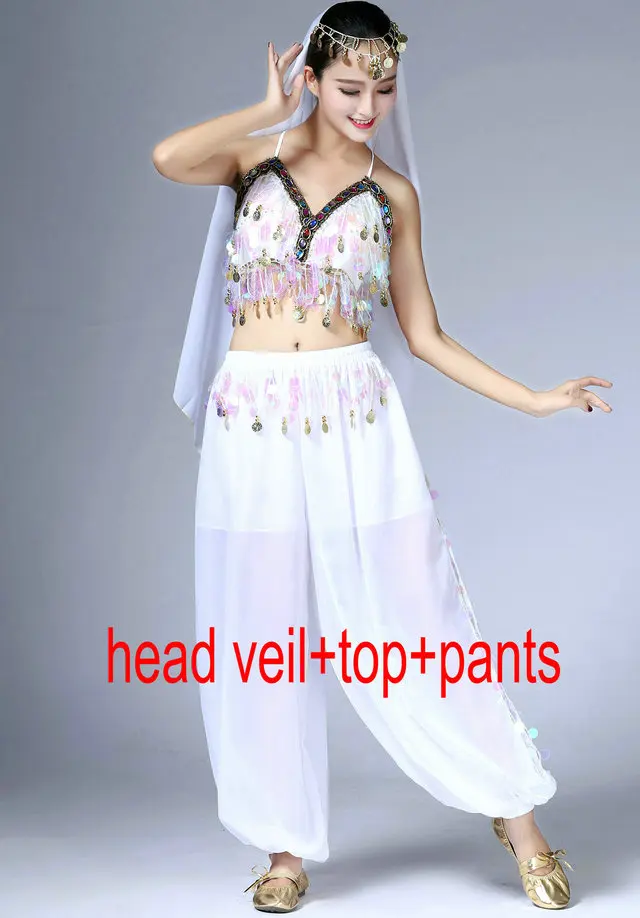 Veil Top Pants Костюм для танца живота с блестками для девочек топ бюстгальтер на бретельках с завязкой вуаль Женская Клубная одежда костюм комплект фестиваль Болливуд Восточный танец наряд - Цвет: Veil Top Pants