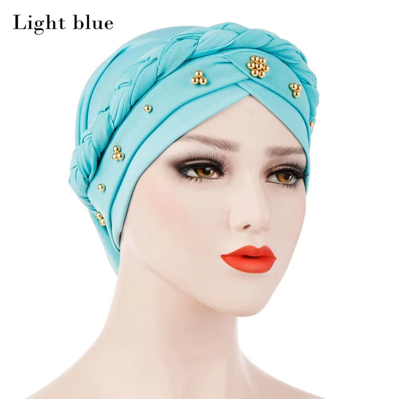 light blue WENYUJH женский Эластичный Тюрбан шляпа мусульманский хиджаб исламский бисер Кепка chemo дамы хиджаб стрейч головной убор обернуть головной платок - Цвет: light blue
