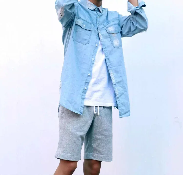 

2019 Mens Ripped Extended Denim Shirt Long Sleeve Fashion Men's Longline Jeans Shirt Destroyed Men Hip Hop Shirts z4