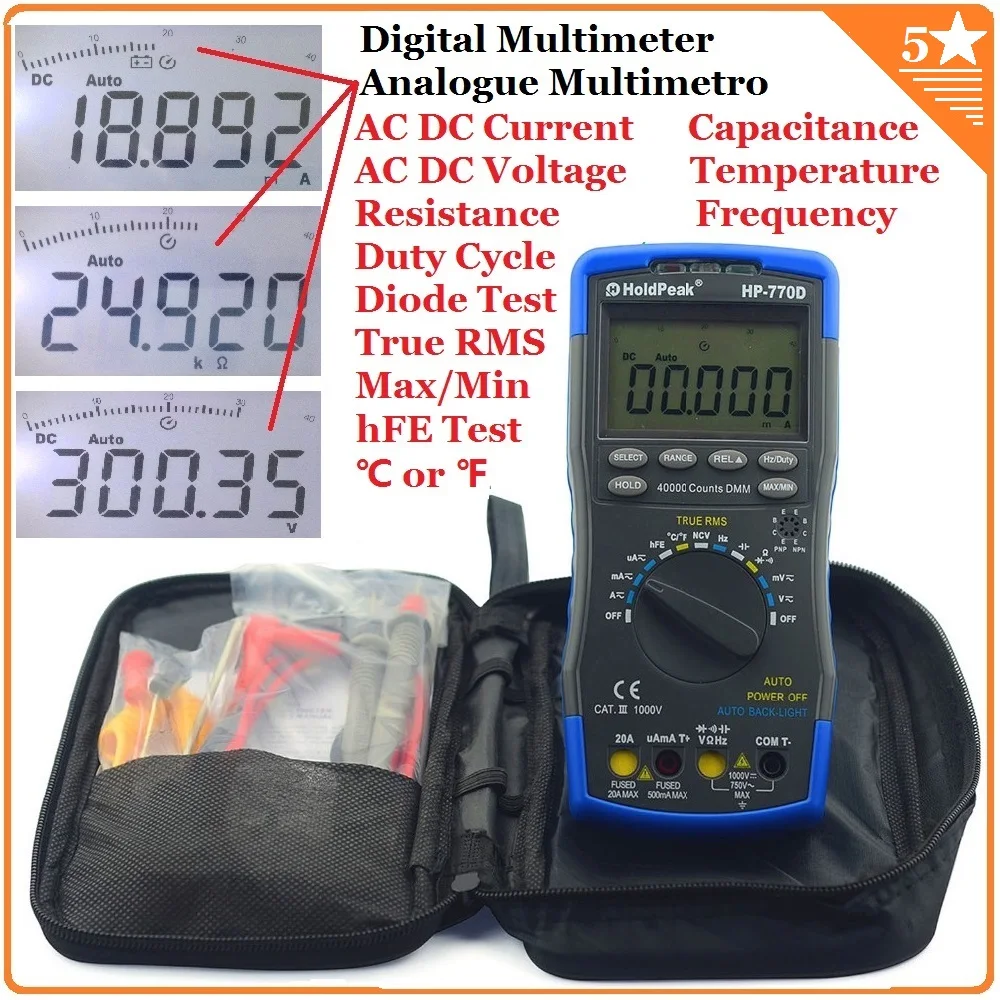 Цифровой мультиметр HoldPeak с автоматическим диапазоном True RMS/частота/температура