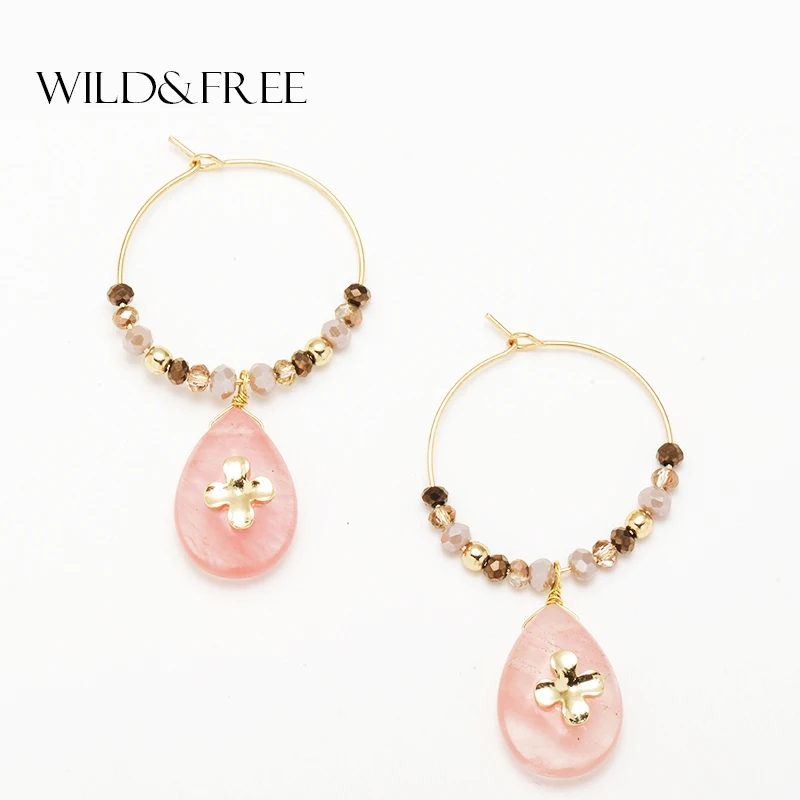 Wild &amp Free Женская мода натуральный обруч с камнем серьги розовым в виде капли воды
