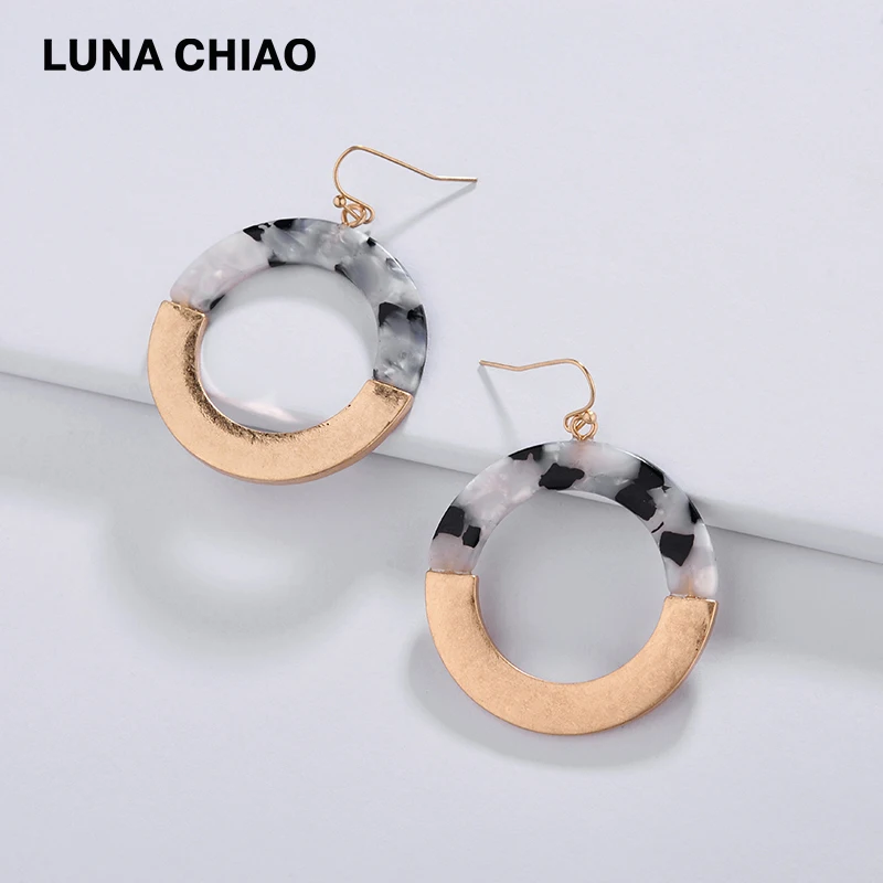 LUNA Чао Новое поступление полукруглые разноцветные плоские с носить золотого цвета с металлической рамкой под круглый акрил Lucite Мода Висячие серьги женские серьги-подвески