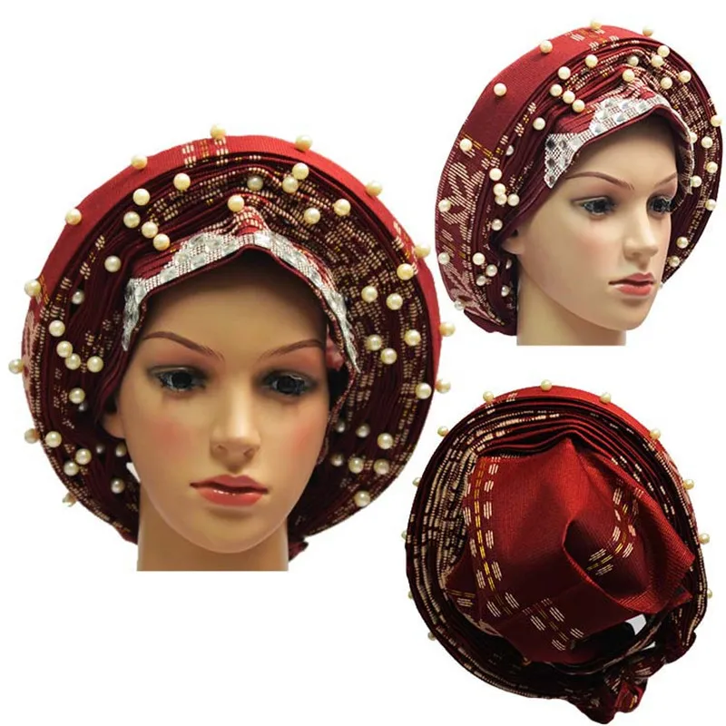 wine 12 Африканский Авто геле головной убор для свадьбы 019 ASO OKE геле головной убор вышивка с бисером - Цвет: wine 12