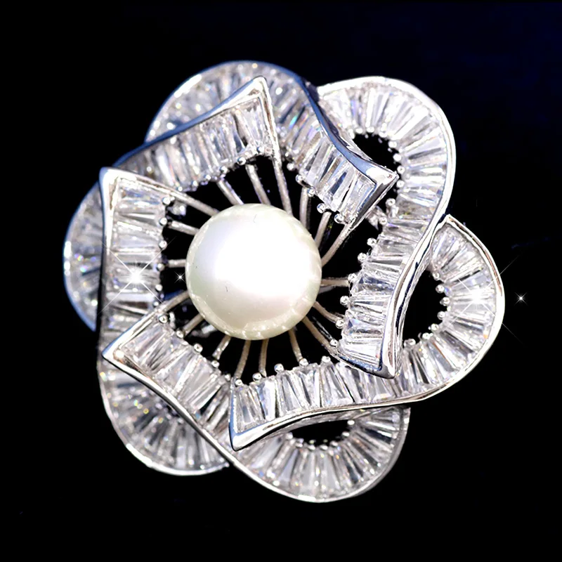 Shinning Large Luxury CZ Plant Leaf Brooches and Pins for Women Fashion Jewelry Crystals Pearl Banquet Brooch Graduation Gift | Украшения и