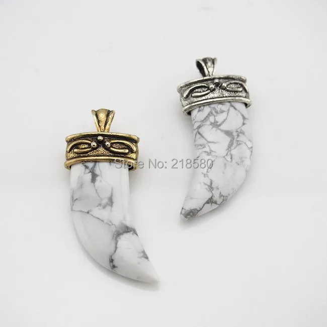 

H-C03HT1016 White Howlite Stone Horn Tusk Pendant Charm with Antique Gold Or Antique Silver Cap