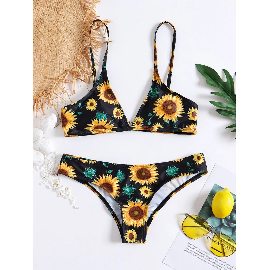 Женский раздельный купальник с принтом подсолнуха черный сексуальный v образный
