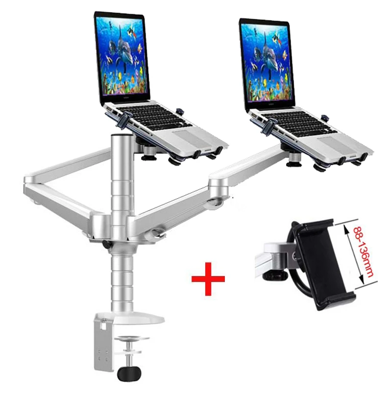 OA-12X aluminum alloy 2 In 1 Bracket adjustable Dual Arm double laptop desktop stand Holder For 10-15 inch Laptop+ 7"-10" tablet