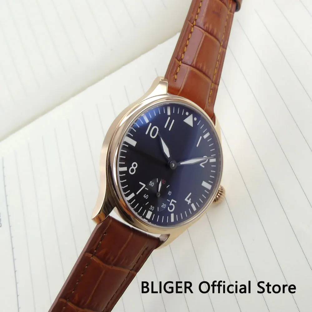 Винтажные мужские часы авиаторы 44 мм черные стерильные с циферблатом розовое