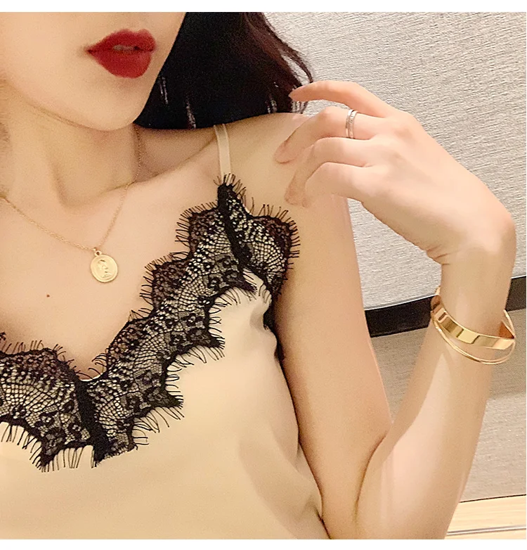 Lace Trim Double V Neck Satin Silk Top Sexy Tops for Women Fitness Tank Top White Elegant Workwear Women's Sleeveless Tops