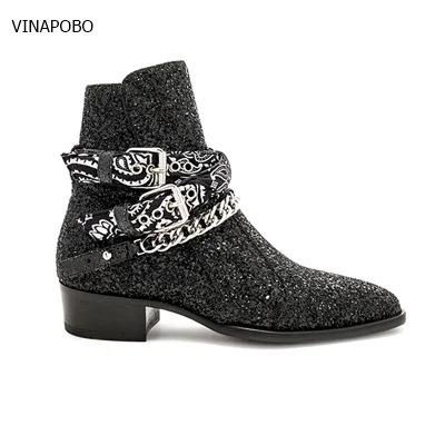 VINAPOBO/Брендовые мужские ботинки из натуральной кожи в британском стиле; простые черные ботинки «Челси» с острым носком и цепочками; мужские повседневные ботильоны на плоской подошве - Цвет: as the pircture