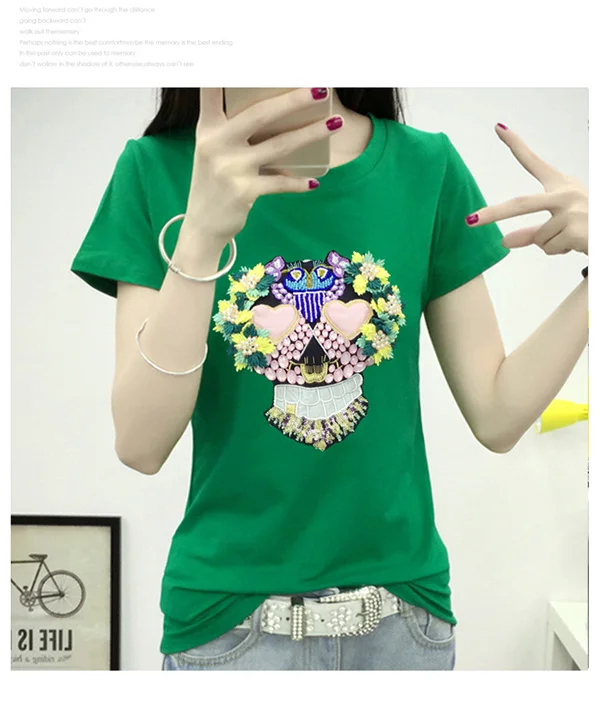 green short sleeve Летние Ретро жемчужные футболки с вышивкой бусинами для женщин Цветочная вышивка футболка элегантные женские Топы Blusa - Цвет: green short sleeve