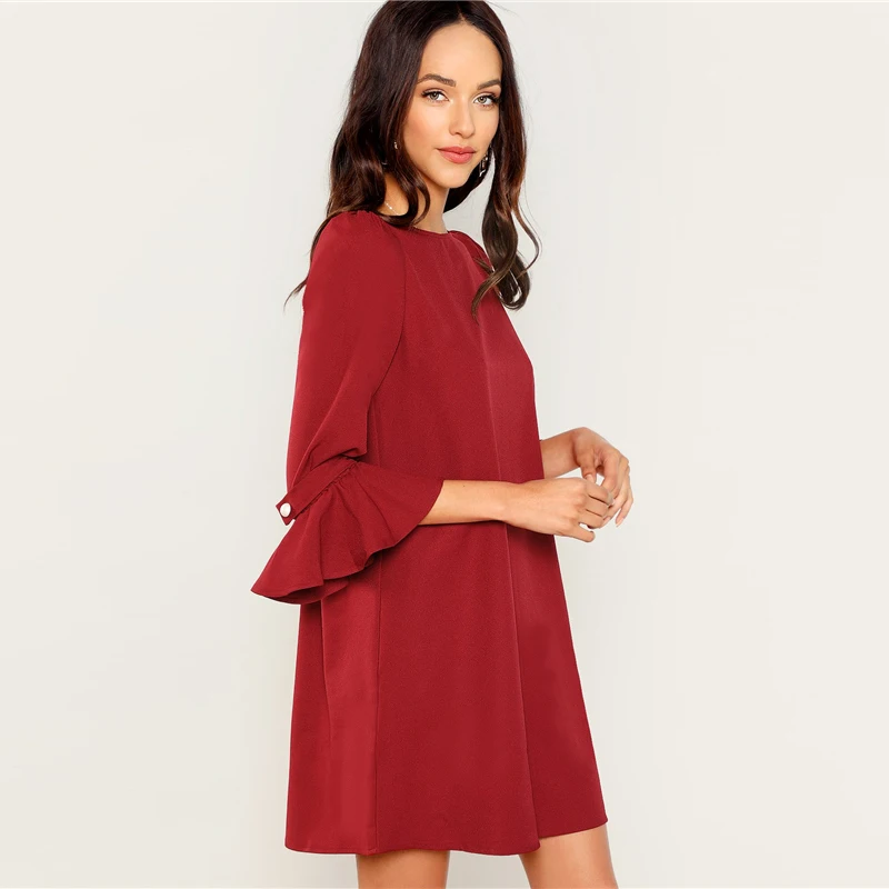 Dotfashion/бордовая туника с рукавами-колокольчиками, женская одежда, высококачественное повседневное летнее прямое платье, рукав-Волан