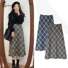 Осенне-зимние милые длинные женские юбки, модные, в Корейском стиле, облегающие, трапециевидные, синие, серые, клетчатые, с высокой талией, винтажные юбки 002